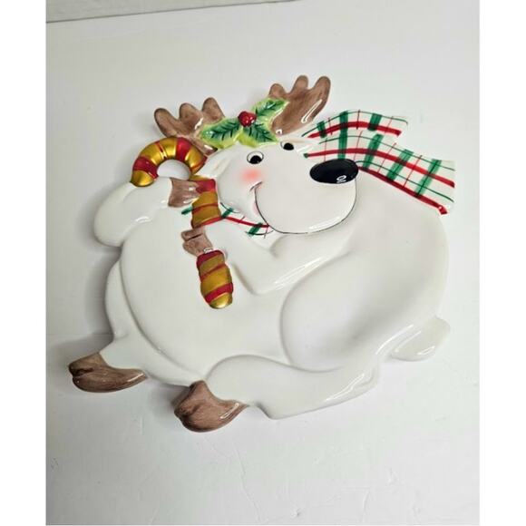 Fitz and Floyd Plaid Xmas Reindeer Canape Serving Holiday plate - Picture 1 of 7